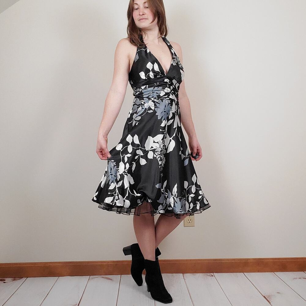 Vintage Y2K Floral Satin Halter Dress Black White Small